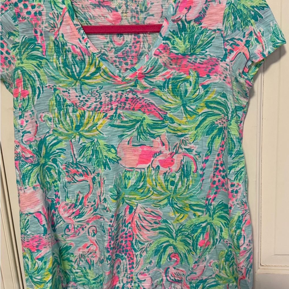Lilly Pulitzer Pink and Green Tropical Short Sleeve Top